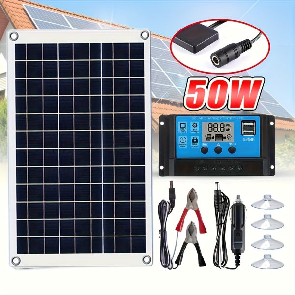 Portable Solar Charging Kit with 12V USB & High-Efficiency Controller - Ideal for Cars, RVs, Boats, and Outdoor Adventures