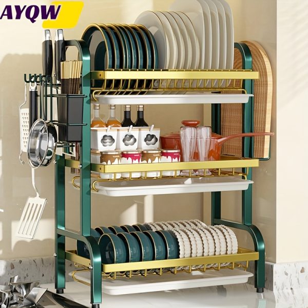 AYQW Carbon Steel Kitchen Storage Rack with Drainage - 3-Tier Dish, Pot, and Cutlery Organizer, Durable Metal Construction for Efficient Kitchen Organization, Countertop Design, Easy Assembly, Kitchen Organizers And Storage