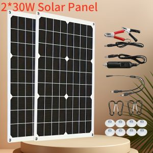 Solar Panel, 2pcs60W(30W/pc) Solar Panel Kit, 18V Portable Solar Charger, USB Charging Interface, with 100A Controller, Crocodile Clip and Car Charger to DC Cable, Suitable for Picnic, Camping, Street Lights, Cars and Ships