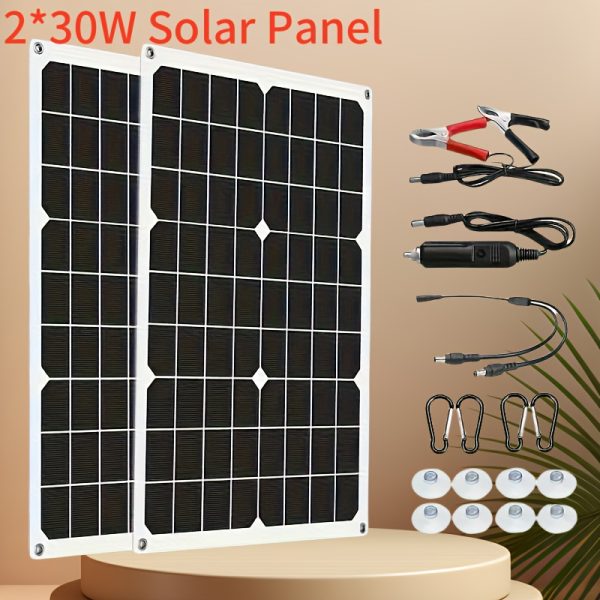 Solar Panel, 2pcs60W(30W/pc) Solar Panel Kit, 18V Portable Solar Charger, USB Charging Interface, with 100A Controller, Crocodile Clip and Car Charger to DC Cable, Suitable for Picnic, Camping, Street Lights, Cars and Ships