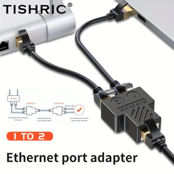 TISHRIC Gigabit Ethernet Splitter - 1 to 2 Port RJ45 Connector Adapter, Matte Finish, Female to Female