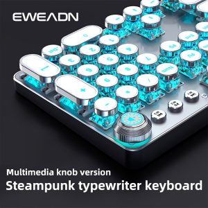 EWEADN TK100 Punk Typewriter Mechanical Gaming Keyboard, with Multimedia Knob, All-Metal Panel 104 Keys Full Size Numeric Keypad, Retro Punk Round Keycaps Blue Backlit USB Wired Old Style Keyboards, for Game And Office, for Windows Laptop PC Blue Switches (White)