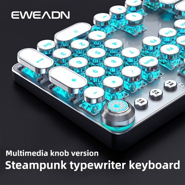 EWEADN TK100 Punk Typewriter Mechanical Gaming Keyboard, with Multimedia Knob, All-Metal Panel 104 Keys Full Size Numeric Keypad, Retro Punk Round Keycaps Blue Backlit USB Wired Old Style Keyboards, for Game And Office, for Windows Laptop PC Blue Switches (White)