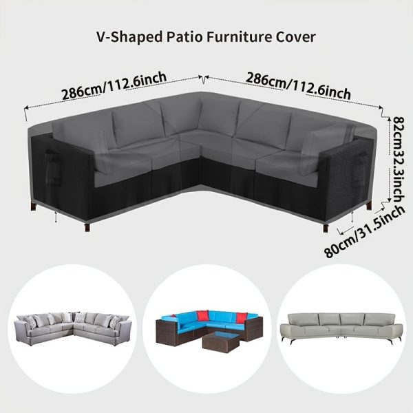 Outdoor patio furniture cover for outdoor L-shaped sofa, waterproof, windproof and UV-resistant heavy-duty garden cover for L-shaped sectional sofa, Black