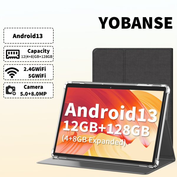 YOBANSE 25.65cm Android 13 Tablet, 12GB RAM (4GB+8GB), 128GB Storage, WiFi, Dual Camera, 1280x800 IPS HD Screen, Type-C Charging, Rockchip Processor, Mali-G52 Graphics, USB Rechargeable, Black