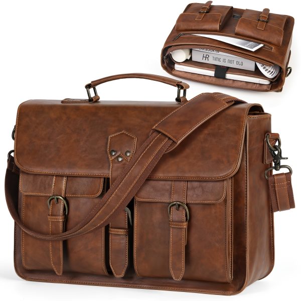 Vintage Brown Synthetic Leather Men's Messenger Bag - 45.72cm Large Laptop Briefcase with Multiple Compartments, Waterproof Design for Office, Travel & College, Office Messenger Bag | Sleek Synthetic Leather Bag | Organized Compartments, Laptop Bag