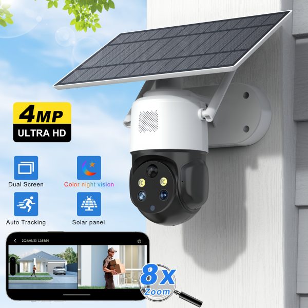 1pc Solar Powered 1080P HD Security Camera, Dual Lens, Wireless WiFi, Outdoor Surveillance Monitor with Full Color Night Vision, Two-Way Voice Intercom, PIR Human Body Sensor, Weatherproof, Solar Panel, Audio and Motion Alerts, Removable, Solar/Lithium Battery, 36V Max