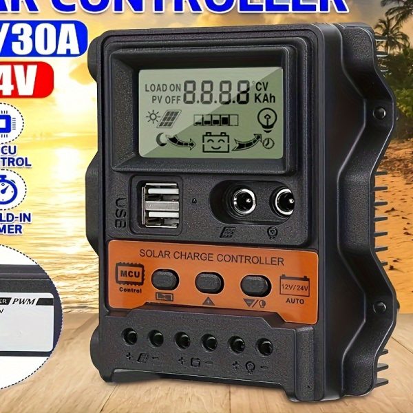 Solar Charge Controller with LCD Display, Compatible with 12V/24V Systems, Dual USB Ports for Mobile Charging, Customizable Timer, Multi-Protection System for Enhanced Lighting Efficiency - Hard-Wired, Other Materials, Supports Voltage Below 50V