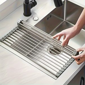 1pc Stainless Steel Sink Top Dish Drying Rack, Foldable and Rollable Kitchen Sink Drainage Pad, Suitable for Multifunctional Portable Bowl Rack Tools in Households