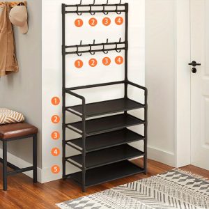 1pc Stainless Steel Multi-Tier Entryway Coat Rack with Shoe Shelves, 4/5-Tier Storage Organizer with 8 Double Hooks, Easy Assembly, Versatile Metal Shelving Unit for Living Room, Home Office, Bedroom