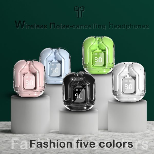 High-fidelity five-color wireless headphones, LED digital power display, transparent charging box, music game sports noise reduction earphones