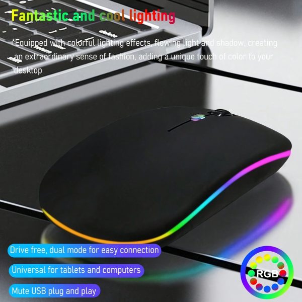 Dual-Mode Silent Wireless Mouse with Colorful RGB Backlight, Wireless Connectivity, Ergonomic Design for Laptops and Desktops, Drive-Free Operation, USB Plug & Play, Perfect for Office or Gaming Use
