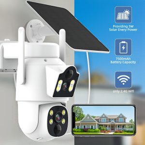 ZHXINSD Solar-Powered Dual-Lens 360° PTZ Outdoor Surveillance, 2.4G WiFi, Wall Hanging, Two-Way Audio, Night Vision, 2160p Video, with 5W Solar Panel, 7500mAh Battery, USB Charging for Outdoor Use