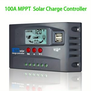 100A MPPT Solar Charge Controller, Intelligent Regulator with Adjustable LCD Display, Dual USB Ports, 12V/24V Automatic Identification, Timer Setting, Magnetic Material, Hard-Wired Power Supply, Below 50V Acceptance - Without Battery