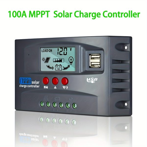 100A MPPT Solar Charge Controller, Intelligent Regulator with Adjustable LCD Display, Dual USB Ports, 12V/24V Automatic Identification, Timer Setting, Magnetic Material, Hard-Wired Power Supply, Below 50V Acceptance - Without Battery