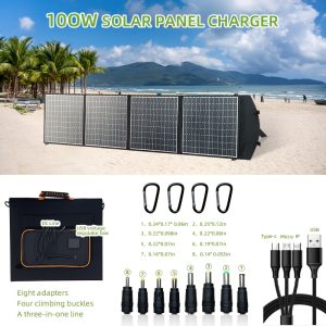 100W4 Folding Convenient Solar Folding Bag - Charging for mobile phones, tablets, laptops, outdoor power banks, energy storage and other electronic products; suitable for camping, mountain climbing, outdoor fishing, outdoor hiking and other outdoor use scenarios; accessories include a mountain climbing buckle, one-to-three charging cable, and DC multi-model adapter