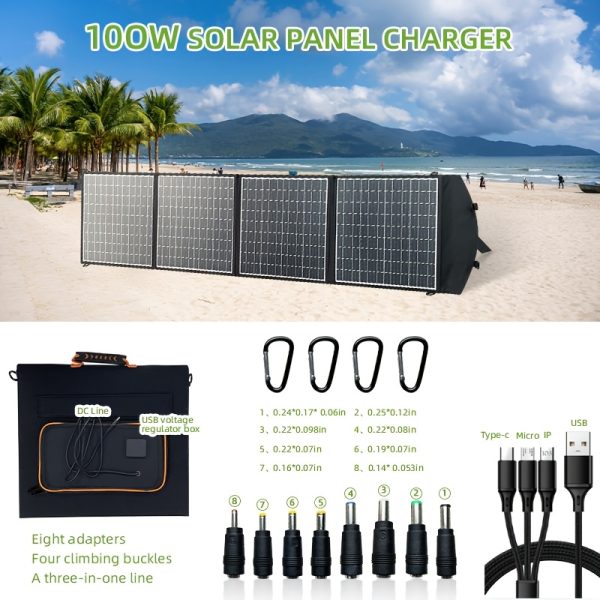 100W4 Folding Convenient Solar Folding Bag - Charging for mobile phones, tablets, laptops, outdoor power banks, energy storage and other electronic products; suitable for camping, mountain climbing, outdoor fishing, outdoor hiking and other outdoor use scenarios; accessories include a mountain climbing buckle, one-to-three charging cable, and DC multi-model adapter