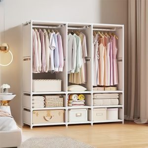1pc Space-Saving 3-Row Metal Wardrobe - Multi-Layer, Durable Organizer in Black/White, Ideal for Bedroom & Living Room, Features Hanging Rails & Storage Areas, Bedroom Decor
