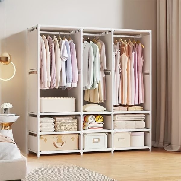 1pc Space-Saving 3-Row Metal Wardrobe - Multi-Layer, Durable Organizer in Black/White, Ideal for Bedroom & Living Room, Features Hanging Rails & Storage Areas, Bedroom Decor
