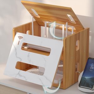Wooden Wireless WiFi Router Storage Box with Cable Management and Power Board, No Battery Included