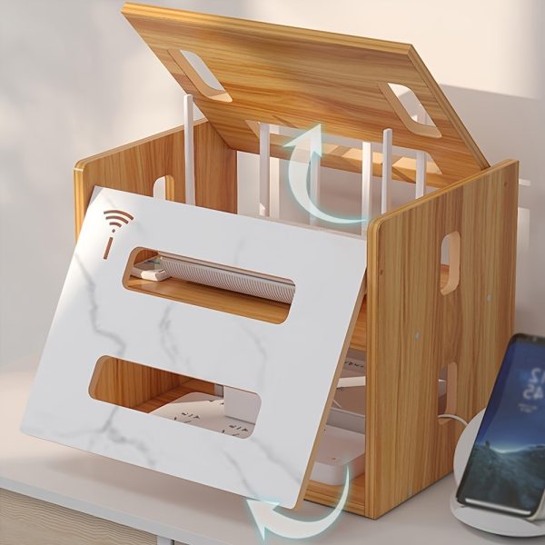 Wooden Wireless WiFi Router Storage Box with Cable Management and Power Board, No Battery Included
