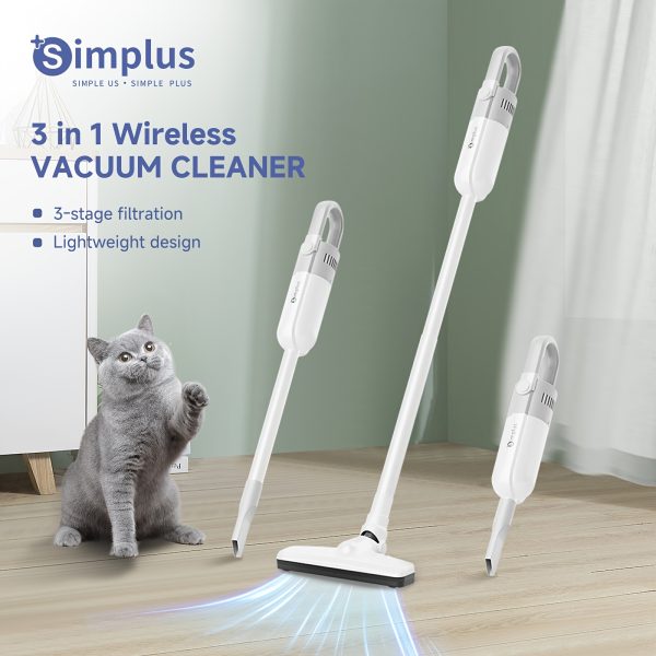 Simplus Cordless Vacuum Cleaner - Lightweight & Portable with Long-Lasting Battery, 2 Modes, Type-C Rechargeable, 3-Layer High-Efficiency Filtration, Ultra-Quiet Operation, Anti-Hair Tangle, Includes Crevice Tool, Ideal for Home & Car Use, Vacuum Cleaner Cordless