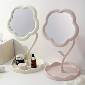 High-definition glass flower-shaped creative portable makeup mirror, 360-degree rotating mirror - very suitable for dressing table - flower design, room decoration for beauty enthusiasts, dressing mirror with small storage tray at the bottom