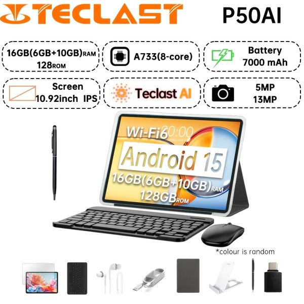 Teclast P50 AI Tablet 27.94 cm, Android 15, 16GB RAM, 128GB ROM, 27.74cm IPS Display, Wi-Fi 6, 7000mAh Battery, 8-Core A733, 13MP Dual Camera, Aluminum Alloy, Type-C, Accessories Bundle