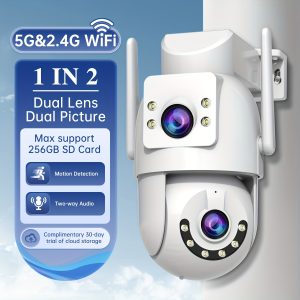 Dual 3MP PTZ Wireless Camera with 5G Wifi, Featuring Dual Lenses And Dual Screens. This High-Definition Camera Serves The Purpose of Two Cameras, Allowing for Two-Way Intercom, Video Monitoring, And Automatic Tracking of Elderly, Infants, And Pets, Making It Ideal for Street Safety Surveillance.