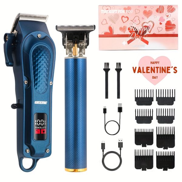 The WEEME TZ806 Blue Grid Two-Piece Set Is a Valentine'S Day Heart Gift Box, Specially Designed for Men. It Includes a Professional Grooming Electric Hair Clipper for Facial Hair And Beard, USB Rechargeable, Perfect for Trimming. an Ideal Gift for Your Loved One for Christmas, Valentine'S Day, Or The Spring Festival.