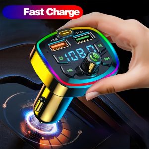 1 Upgraded, Hands-Free Car MP3 Player -BT Car Kit with Digital Display, USB Phone Charging, FM Transmitter, Voltage Detection And 7 Colored Lights