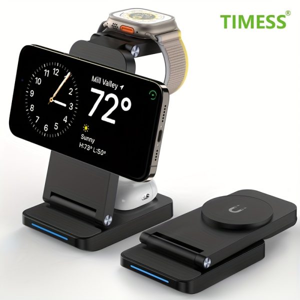 TIMESS Magnetic 3-in-1 Wireless Charger, Foldable & Portable Stand for iPhone 16/15/14/13/12 Pro Max, Apple Watch 10/9/8/7/6/5, AirPods, USB Powered, 36V Max Voltage, ABS Material