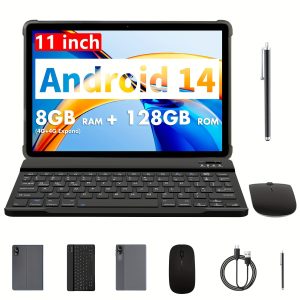 11-Inch Android 14 Operating System Tablet, a 2-In-1 Device with Keyboard, Mouse, Protective Case, Stylus, 128GB ROM + 8GB (4GB + 4GB Expandable) RAM, 8MP Dual Cameras, Octa-Core T606 Processor, 8000Mah Battery, 1280*800 IPS HD Display, Tab, Wi-Fi, Tablet.