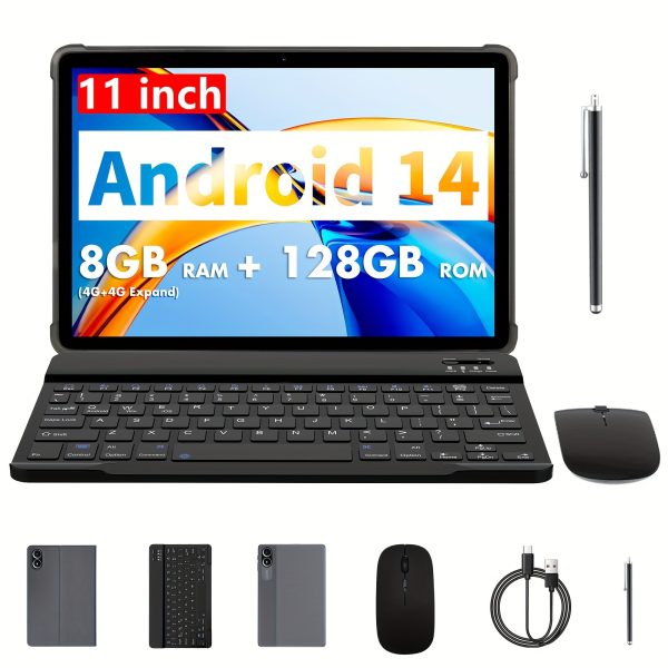 11-Inch Android 14 Operating System Tablet, a 2-In-1 Device with Keyboard, Mouse, Protective Case, Stylus, 128GB ROM + 8GB (4GB + 4GB Expandable) RAM, 8MP Dual Cameras, Octa-Core T606 Processor, 8000Mah Battery, 1280*800 IPS HD Display, Tab, Wi-Fi, Tablet.
