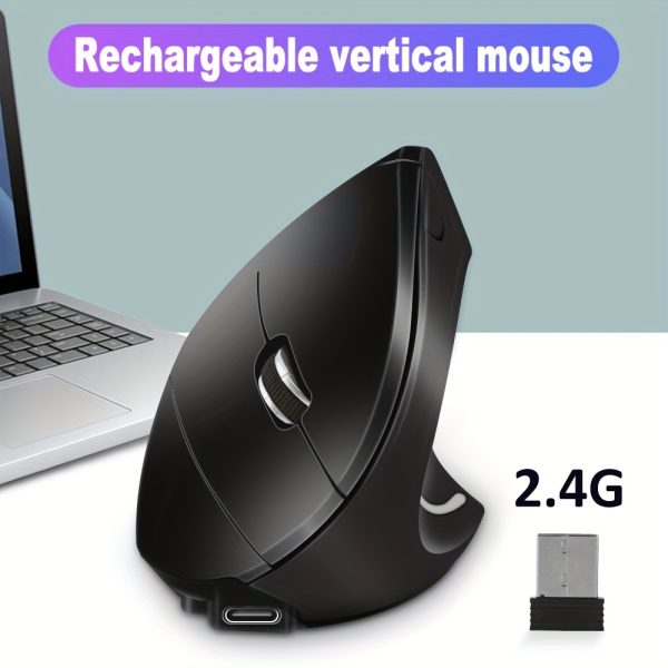 Sleek Black 2.4G Wireless Gaming Mouse - Rechargeable, Ergonomic Vertical Design with USB-C Charging, Optical Technology for Laptop & Desktop Computers