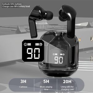 1 Pair Transparent Space Pod TWS Earbuds, Open Design Wireless Stereo Earphones, In-Ear Sports Headphones with Touch Control, Hands-Free, Battery Level Display, Low Latency, Auto-Pairing, Portable for Gaming, Sports, and Casual Use, Volume Control, Condenser Mic, Type-C Charging, 150mAh Rechargeable Lithium Polymer Battery, Closed-Back Earcups, Compatible with Music Production Equipment