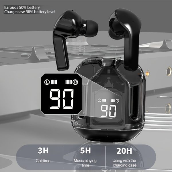 1 Pair Transparent Space Pod TWS Earbuds, Open Design Wireless Stereo Earphones, In-Ear Sports Headphones with Touch Control, Hands-Free, Battery Level Display, Low Latency, Auto-Pairing, Portable for Gaming, Sports, and Casual Use, Volume Control, Condenser Mic, Type-C Charging, 150mAh Rechargeable Lithium Polymer Battery, Closed-Back Earcups, Compatible with Music Production Equipment