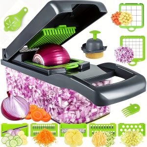 14-in-1 Multifunctional Vegetable Chopper Set with 8 Stainless Steel Blades & Container - Perfect for Onions, Garlic & More