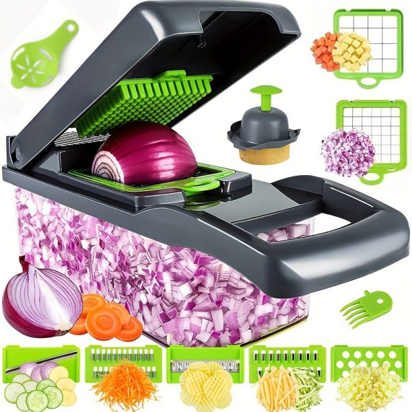 14-in-1 Multifunctional Vegetable Chopper Set with 8 Stainless Steel Blades & Container - Perfect for Onions, Garlic & More