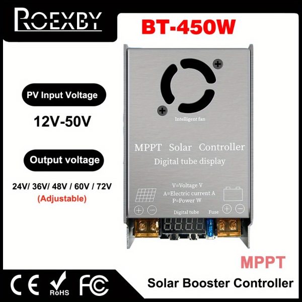 450W MPPT Solar Controller Booster, Adjustable Output for 24V/36V/48V/60V/72V Batteries, Insulated Material, Hardwired, with No Battery Included for Solar Panel Charging
