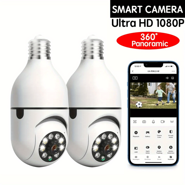 Wi-Fi Smart Camera, Wireless WiFi Light Bulb Camera 360°Panoramic Surveillance Cam, 2.4GHz 1080P Indoor And Outdoor Security Camera with Motion Detection Alarm Night Vision Two-Way-Talk Phone Remote