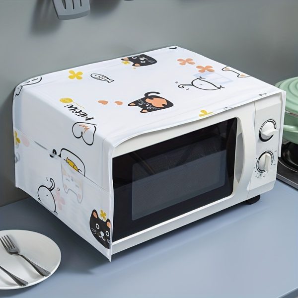 1pc Adorable Cartoon Cat & Floral Microwave Oven Dust Cover - Non-Electric, Durable Plastic, Kitchen Decor Protector with Side Pocket for Easy Access, Microwave Accessories