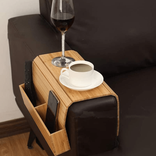 Classic Bamboo Armrest Sofa Tray with Cup Holder, Foldable Arm Table for Beverages and Snacks, Hand Wash Only, with No Electricity Required for Sofa