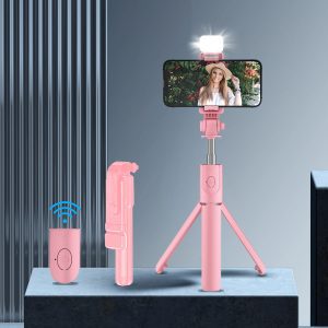 1pc Universal 360° Rotating Selfie Stick with Tripod, Wireless Remote Control, and Built-in Ring Light - Portable Smartphone Stabilizer with Non-rechargeable Button Battery for Live Streaming and Video Recording