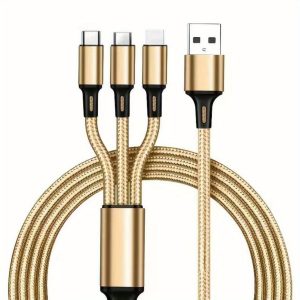 Nylon Braided 3-In-1 Charging Cable, Portable And Compatible with Ios, Type C, And Micro USB Ports.