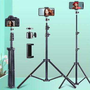 160.02cm Stainless Steel Tripod Stand for Smartphone and Camera, Extendable Selfie Stick with Phone Holder, Vertical & Horizontal Rotation, Stand-Mounted Installation, Uncharged