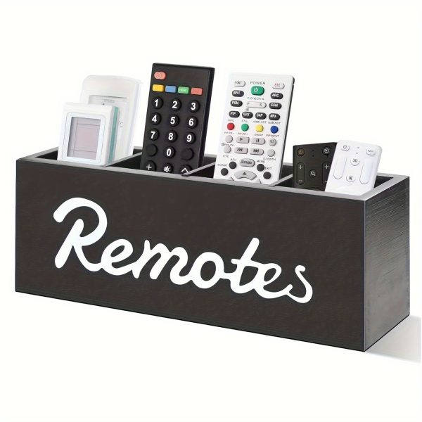 Rustic Farmhouse Wooden Remote Control Holder - 4-Compartment Desk Organizer, Wall-Mountable TV Caddy, Office Supplies Storage Box, Utility Hooks