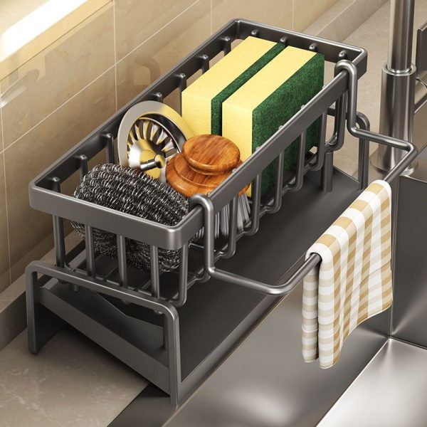 1pc Foldable Black Metal Kitchen Storage Rack with Towel Bar - Multi-Functional Organizer for Sponge, Detergent, and Cleaning Tools - Classic Design, No Power Needed, Plastic Material, Kitchen Organizers And Storage