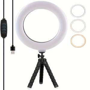 Adjustable 3-Mode 10-Level Brightness LED Ring Light with USB Power and Flexible Sponge Bracket for Smartphones and Cameras
