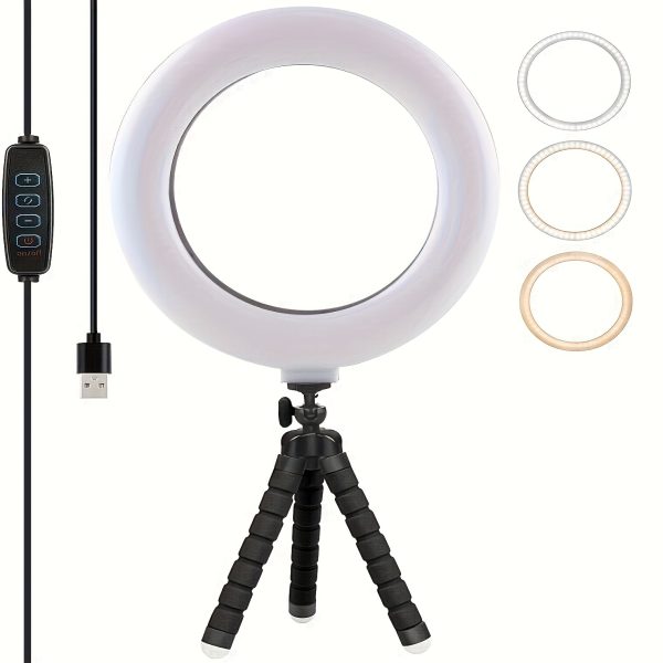 Adjustable 3-Mode 10-Level Brightness LED Ring Light with USB Power and Flexible Sponge Bracket for Smartphones and Cameras